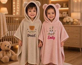 Poncho de toalla con capucha personalizado para niños, toalla de baño para bebé con nombre personalizado, toalla con capucha de oso y conejito para niños pequeños, regalo de algodón suave