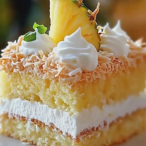 以下が含まれることがあります： 黄色いスポンジベース、白いクリームフィリング、ココナッツフレークとホイップクリームのトッピングが施された、層状のケーキのスライス。パイナップルのスライスとミントの小枝が上に飾られています。ケーキは白いお皿の上にあります。