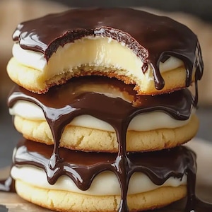 May include: A stack of three sandwich cookies with a creamy white filling and a thick, dark chocolate coating. The top cookie has a bite taken out of it, revealing the creamy filling. Chocolate drips down the sides.