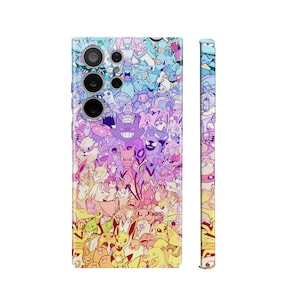 May include: A phone case featuring a colorful gradient design with a variety of cartoon characters. The case has a smooth finish and a protective design. The characters are in shades of yellow, pink, purple, and blue.