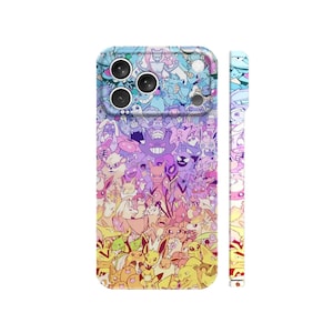 May include: A colorful phone case featuring a collage of cartoon characters in shades of blue, purple, pink, yellow, and orange. The case has a glossy finish and includes cutouts for the camera lenses and side buttons. The design extends to the side of the phone.