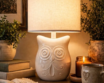 White Ceramic Owl Table Lamp – Modern Farmhouse, Cottagecore Accent Light