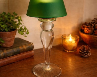 Vintage Glass Candle Lamp with Green Shade Tealight Holder Cozy Cottagecore Farmhouse Decor