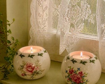 Vintage Rose Floral Porcelain Tealight Candleholders Set, Romantic Cottegecore Decor