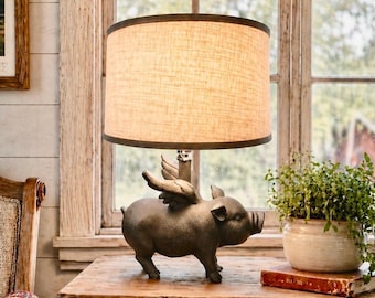 Vintage Flying Pig Lamp, Cast Resin Rustic Farmhouse Table, Whimsical Pig Decor