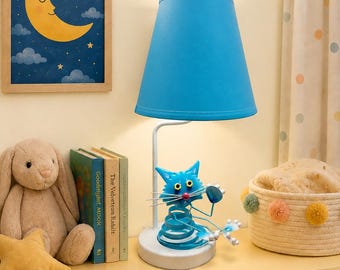 Vintage Whimsical Blue Metal Cat Table Lamp Nursery Kids Room Decor