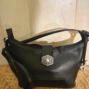 Brighton Black Leather Shoulder Bag Heart Charm Pebbled Purse Chic Handbag image 4