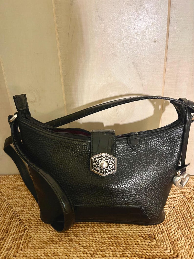 Brighton Black Leather Shoulder Bag Heart Charm Pebbled Purse Chic Handbag image 4