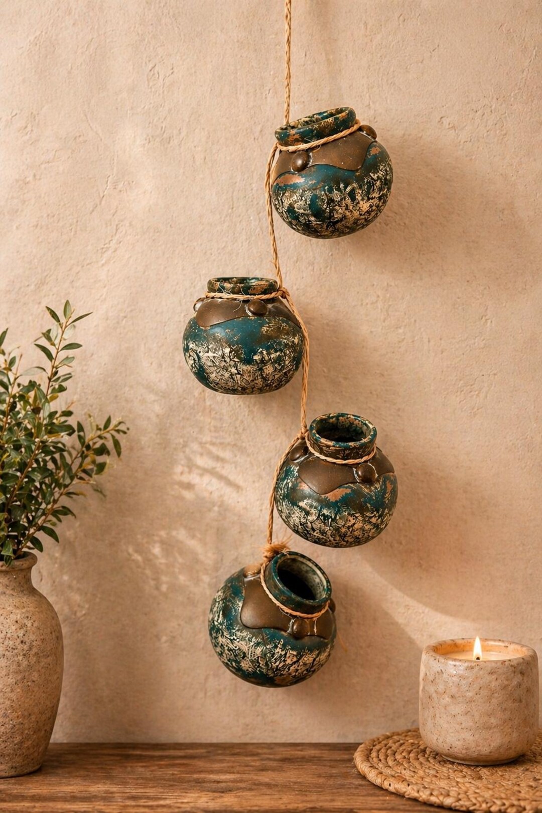 Wabi Sabi Hanging Pottery Wall Decor | Teal Earthtone Ceramic Pot Set ...
