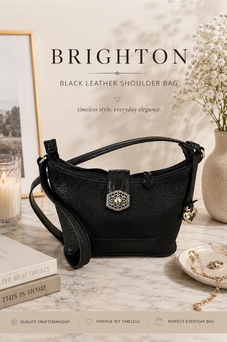 May include: A black leather shoulder bag with a textured surface, featuring a central silver-toned decorative clasp with an intricate filigree pattern, a top zipper closure with a heart-shaped pull, and a dangling silver heart charm on the side.