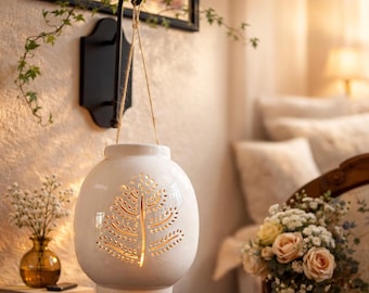 White Ceramic Hanging Lantern Leaf Cutout Candle Holder Farmhouse Home Decor