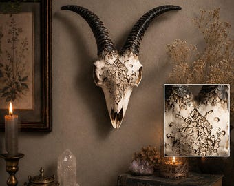 Witchy Goat Skull Wall Art, Carved Design Boho Decor, Western Gothic Wall Hanging, Rustic Ranch Accent