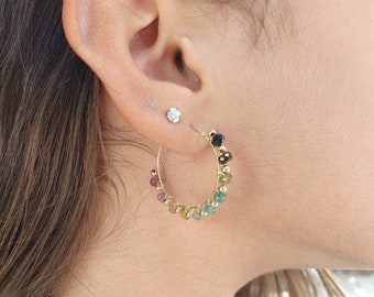 Tourmaline wrapped hoop earring. Watermelon Tourmaline gemstone, gold hoop earrings, Rainbow Hoops Earrings, Tourmaline Hoops Earrings.