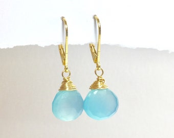 Aqua Blue Chalcedony earrings , mint blue earrings, blue and gold earrings, gemstone drop earrings, winter wedding earrings, holiday gift