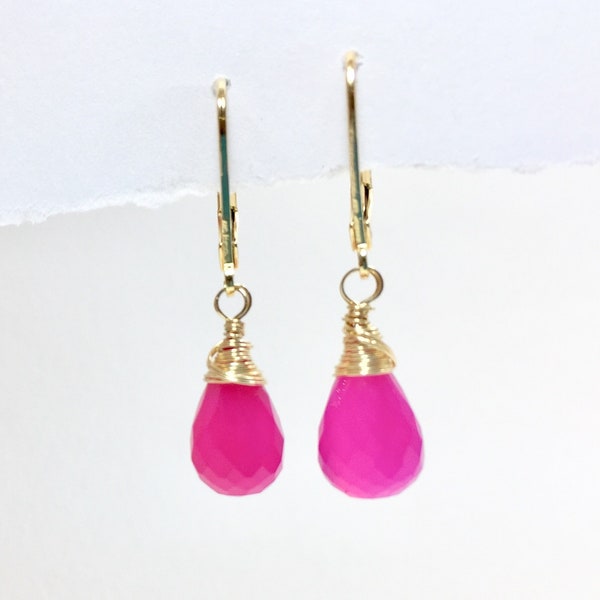 Hot Pink Chalcedony Drops earrings, 14k gold filled earrings, delicate drop earrings, gemstone earrings, fuchsia pink earrings, gift for her