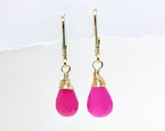 Hot Pink Chalcedony Drops earrings, 14k gold filled earrings, delicate drop earrings, gemstone earrings, fuchsia pink earrings, gift for her