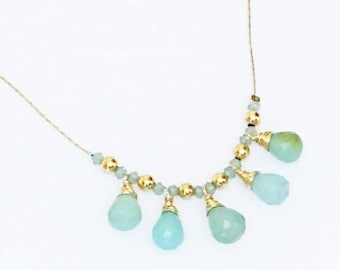 Blue Chalcedony necklace. gold necklace, Blue and Green Chalcedony drops, gold filled beads neckalce, gemstone necklace.