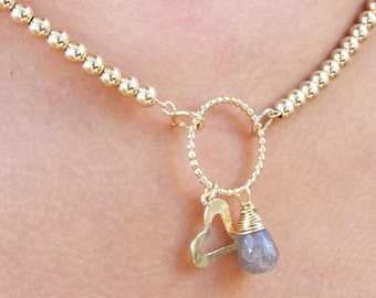 Labradorite drop necklace. Gold beads necklace, pendant necklace, gold filled beads necklace, gray, elegant necklace.