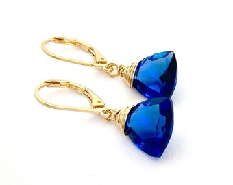 London blue Quartz earrings, blue drop earrings, gold and blue earrings, gift for her