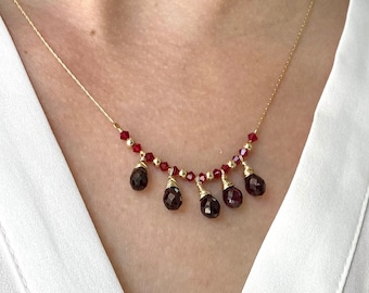 Garnet necklace. gold necklace, Garnet drops and gold filled beads neckalce, January birthstone necklace, gift for her.