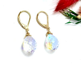 Mystic Quartz Rainbow Earrings, gemstone drop earrings, gold filled earrings, Quartz gemstone dangle earrings, gift for her.