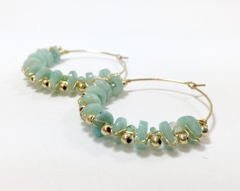 Amazonite hoop earrings, Tourmaline earrings, mint green earrings, Amazonite and gold earrings, wire wrapped earrings, gift for her.