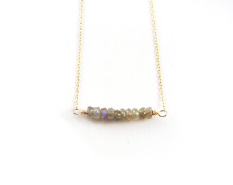 Labradorite Necklace. Gold Necklace, Bar necklace, gemstone necklace, 14k gold fill, gray, delicate.