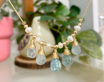 Aquamarine Drop Necklace, Aquamarine and pearls necklace, Gold beads necklace, blue drops necklace, March gemstone Aquamarine necklace.