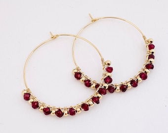 Red Granet hoops earrings, Granet gemstone earrings, wire wrapped gold filled hoop earrings, January birthstone garnet, gift for her