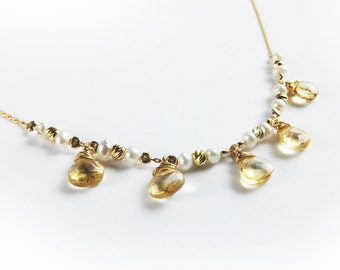 Citrine drops Nacklace, November birthstone necklae, Drops necklace, Citrine and pearls neckalce, gold filled necklace, gift for her.