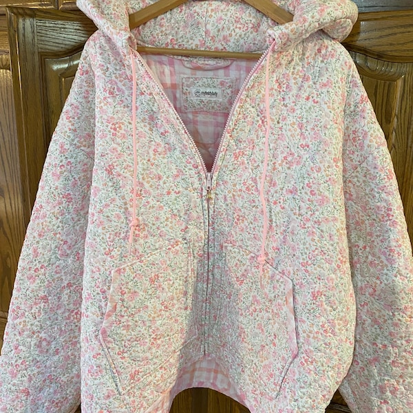 Abrigo acolchado reciclado con capucha para mujer, talla XL / Prendas de abrigo florales sostenibles hechas a mano / Colección Cottage Keepsakes