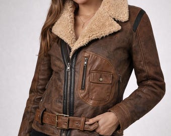 Damska kurtka lotnicza Aviator z brązowej skóry owczej w stylu vintage | CADLEATHERCO Winter Flight Jacket