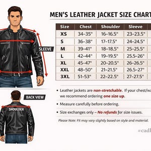Op de afbeelding: Maattabel voor leren jassen met afmetingen in cm. De tabel bevat borst-, schouder-, mouw- en lengtematen voor de maten XS tot en met 3XL. De afbeelding toont ook een persoon die een zwarte leren jas draagt.