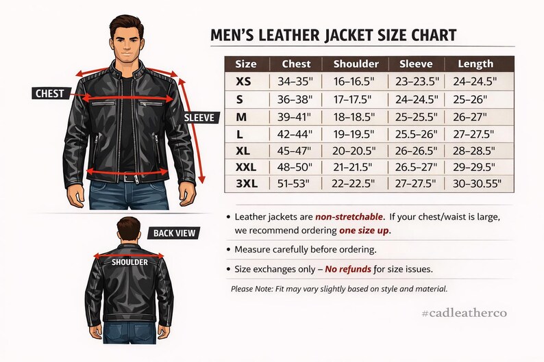Op de afbeelding: Maattabel voor leren jassen met afmetingen in cm. De tabel bevat borst-, schouder-, mouw- en lengtematen voor de maten XS tot en met 3XL. De afbeelding toont ook een persoon die een zwarte leren jas draagt.