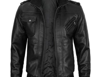 Lammfell-Lederjacke mit abnehmbarem Hoodie: Handgefertigte schwarze Herrenjacke