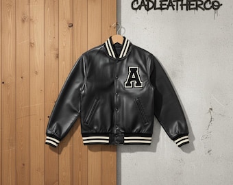 Handgemaakte volledig zwarte varsity-jas, custom letter A, leren bomberjack, luxe streetwear-uniseks jack