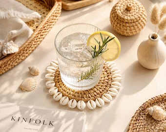 Schmuckschale aus Kaurimuscheln, Schmucktablett aus Rattan, Kerzenhalter im Küsten-Boho-Stil, Untersetzer-Set (1, 2, 3 oder 5 Stück), Geschenkidee für Strandhochzeiten