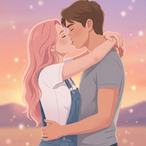 K&ouml;nnte beinhalten: Illustration eines sich k&uuml;ssenden Paares vor einem Sonnenuntergang. Die Frau hat rosa Haare, ein wei&szlig;es Oberteil und blaue Latzhosen. Der Mann tr&auml;gt ein graues T-Shirt und eine dunkle Hose. Der Hintergrund hat einen sanften Farbverlauf.