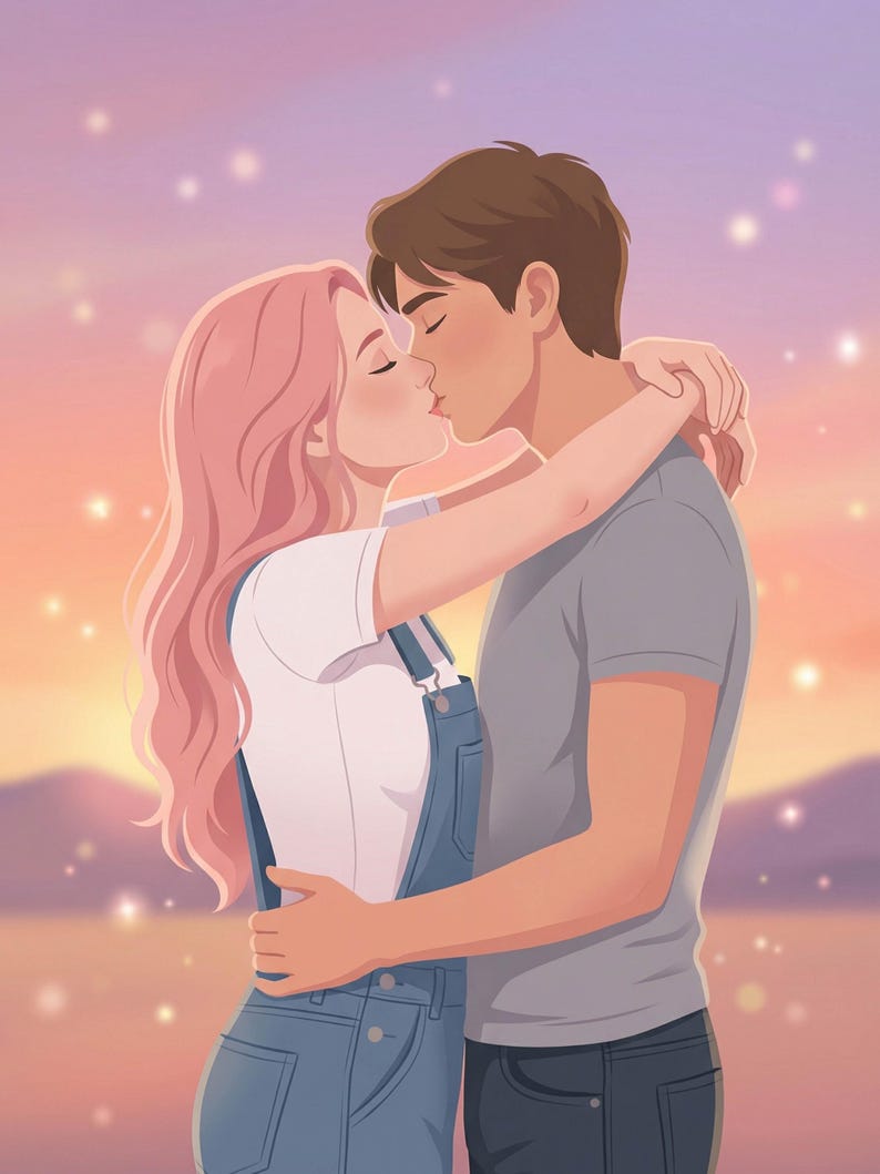 K&ouml;nnte beinhalten: Illustration eines sich k&uuml;ssenden Paares vor einem Sonnenuntergang. Die Frau hat rosa Haare, ein wei&szlig;es Oberteil und blaue Latzhosen. Der Mann tr&auml;gt ein graues T-Shirt und eine dunkle Hose. Der Hintergrund hat einen sanften Farbverlauf.