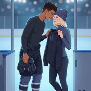 K&ouml;nnte beinhalten: Illustration eines Paares in einer Eishockey-Arena. Der Mann tr&auml;gt ein schwarzes Langarmshirt, Shorts, Eishockeysocken und Schlittschuhe und h&auml;lt Handschuhe. Die Frau tr&auml;gt einen blauen Rollkragenpullover, Leggings, eine M&uuml;tze und h&auml;lt einen schwarzen Kapuzenpullover. Der Hintergrund zeigt die Eisbahn und die Lichter.