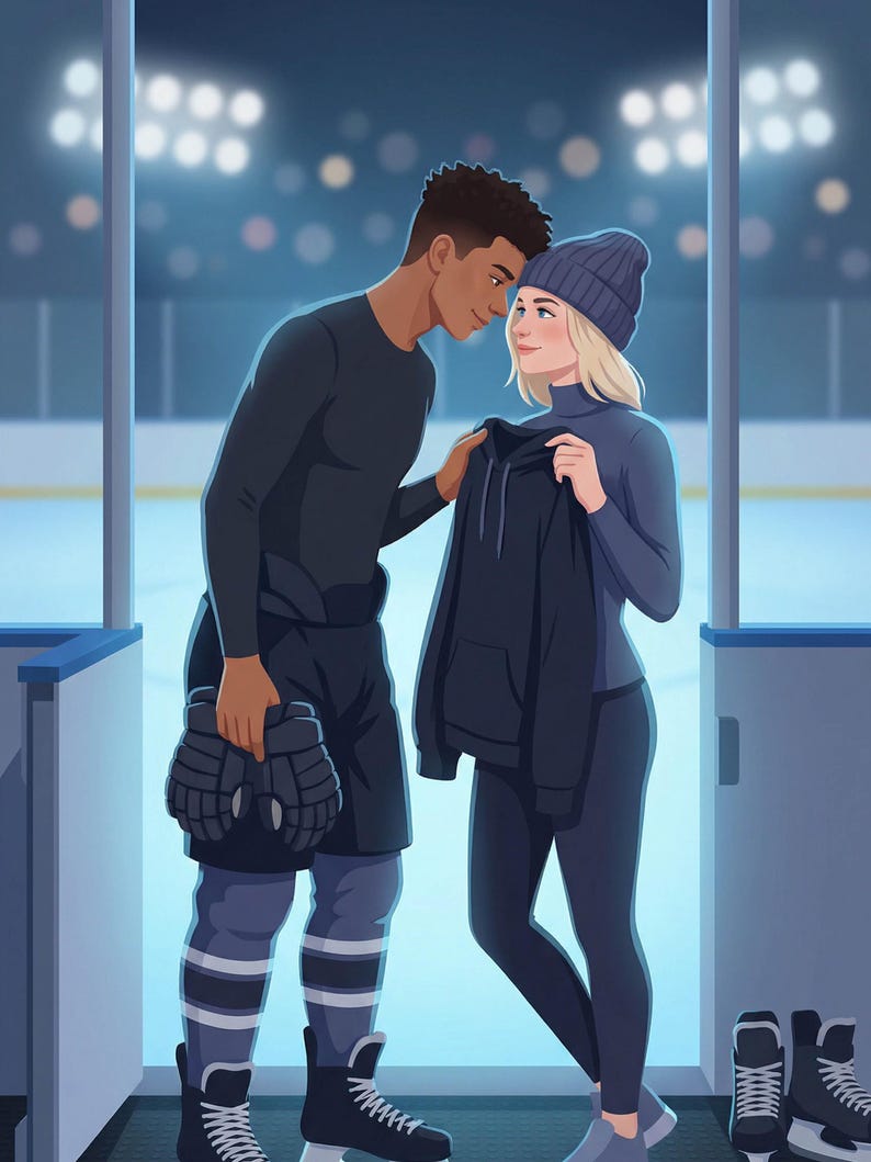 K&ouml;nnte beinhalten: Illustration eines Paares in einer Eishockey-Arena. Der Mann tr&auml;gt ein schwarzes Langarmshirt, Shorts, Eishockeysocken und Schlittschuhe und h&auml;lt Handschuhe. Die Frau tr&auml;gt einen blauen Rollkragenpullover, Leggings, eine M&uuml;tze und h&auml;lt einen schwarzen Kapuzenpullover. Der Hintergrund zeigt die Eisbahn und die Lichter.