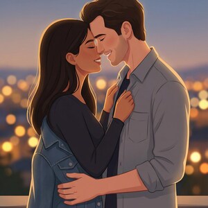 K&ouml;nnte beinhalten: Digitale Illustration eines Paares, das sich umarmt, mit ihren Gesichtern nahe beieinander. Die Frau tr&auml;gt ein schwarzes Oberteil und eine Jeansjacke. Der Mann tr&auml;gt ein graues Hemd mit Kn&ouml;pfen. Der Hintergrund zeigt eine verschwommene Stadtlandschaft mit warmen Lichtern.