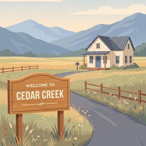 May include: A digital illustration of a rural landscape featuring a wooden sign in the foreground that reads WELCOME TO CEDAR CREEK. A winding road leads toward a light-colored house with a dark roof, set against a backdrop of rolling mountains.