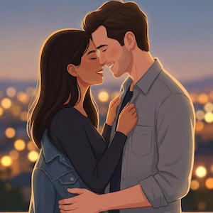 K&ouml;nnte beinhalten: Digitale Illustration eines Paares, das sich umarmt, mit ihren Gesichtern nahe beieinander. Die Frau tr&auml;gt ein schwarzes Langarmshirt und eine Jeansjacke. Der Mann tr&auml;gt ein graues Hemd. Der Hintergrund zeigt eine verschwommene Stadtlandschaft mit warmen, goldenen Lichtern.