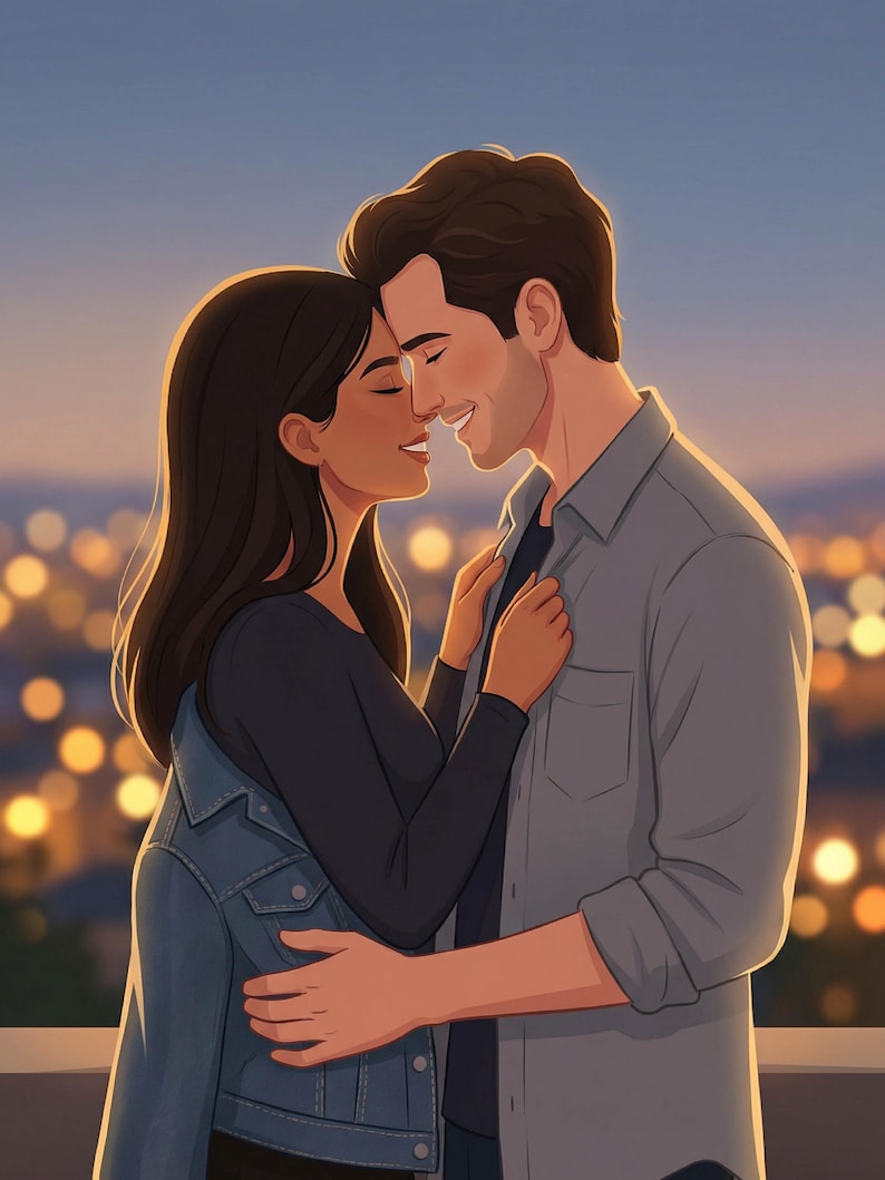 K&ouml;nnte beinhalten: Digitale Illustration eines Paares, das sich umarmt, mit ihren Gesichtern nahe beieinander. Die Frau tr&auml;gt ein schwarzes Langarmshirt und eine Jeansjacke. Der Mann tr&auml;gt ein graues Hemd. Der Hintergrund zeigt eine verschwommene Stadtlandschaft mit warmen, goldenen Lichtern.