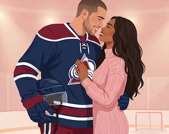Illustrazione personalizzata per libri d'amore per autori, personaggi di coppia, ritratto personalizzato in stile copertina di libro, arte digitale a tema hockey e romanticismo.