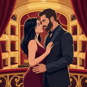 K&ouml;nnte beinhalten: Digitale Illustration eines Paares, das sich in einem Opernhaus umarmt. Die Frau tr&auml;gt ein bordeauxfarbenes Kleid, der Mann einen dunklen Anzug. Der Hintergrund zeigt rote Vorh&auml;nge, goldene Akzente und einen Kronleuchter.