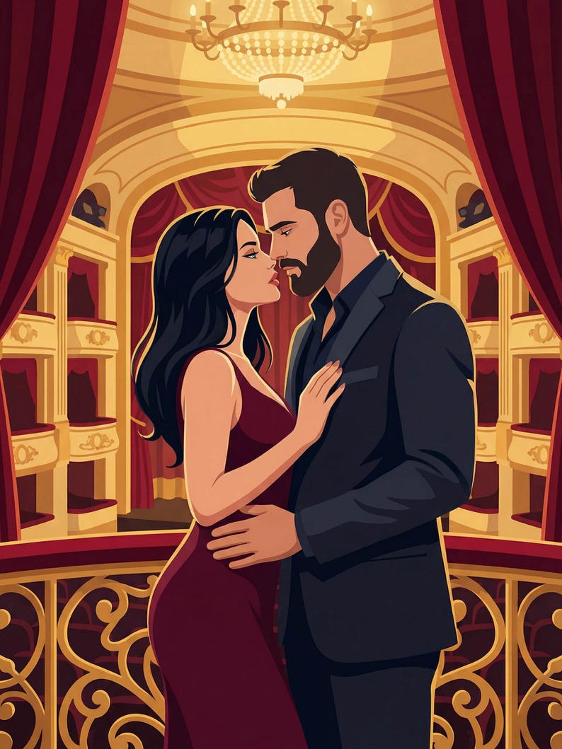 K&ouml;nnte beinhalten: Digitale Illustration eines Paares, das sich in einem Opernhaus umarmt. Die Frau tr&auml;gt ein bordeauxfarbenes Kleid, der Mann einen dunklen Anzug. Der Hintergrund zeigt rote Vorh&auml;nge, goldene Akzente und einen Kronleuchter.