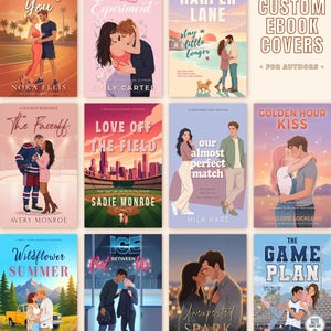 Pu&ograve; includere: Una collezione di copertine di romanzi rosa con coppie in varie ambientazioni. Le copertine mostrano titoli come "Chasing You", "The Love Experiment" e "Harper Lane". L'immagine include anche il testo "Custom Ebook Covers - For Authors."