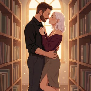 K&ouml;nnte beinhalten: Illustration eines Paares, das sich in einer Bibliothek umarmt. Der Mann tr&auml;gt ein schwarzes Hemd, die Frau ein bordeauxrotes schulterfreies Oberteil und einen grauen Rock. B&uuml;cherregale s&auml;umen die W&auml;nde, im Hintergrund ein gro&szlig;es Fenster.